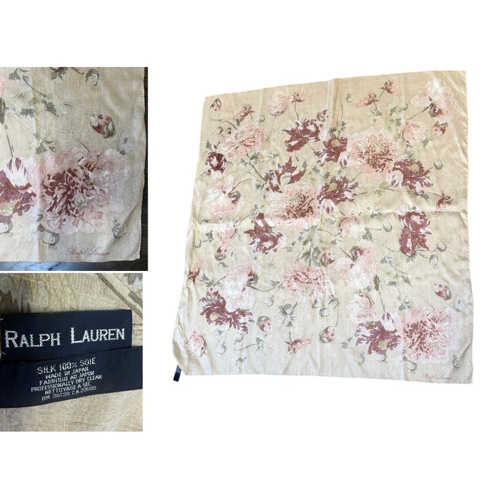 Vintage Ralph Lauren Silk Scarf Watercolor Floral Peony Made in Japan 34in